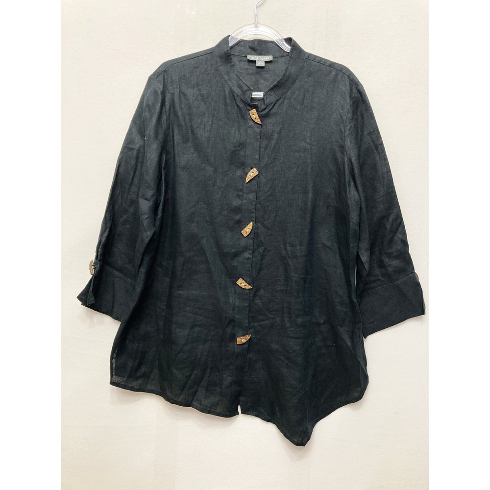 Go Silk Blouse XL Black Wooden Toggle Button Front Linen Lagenlook Artsy